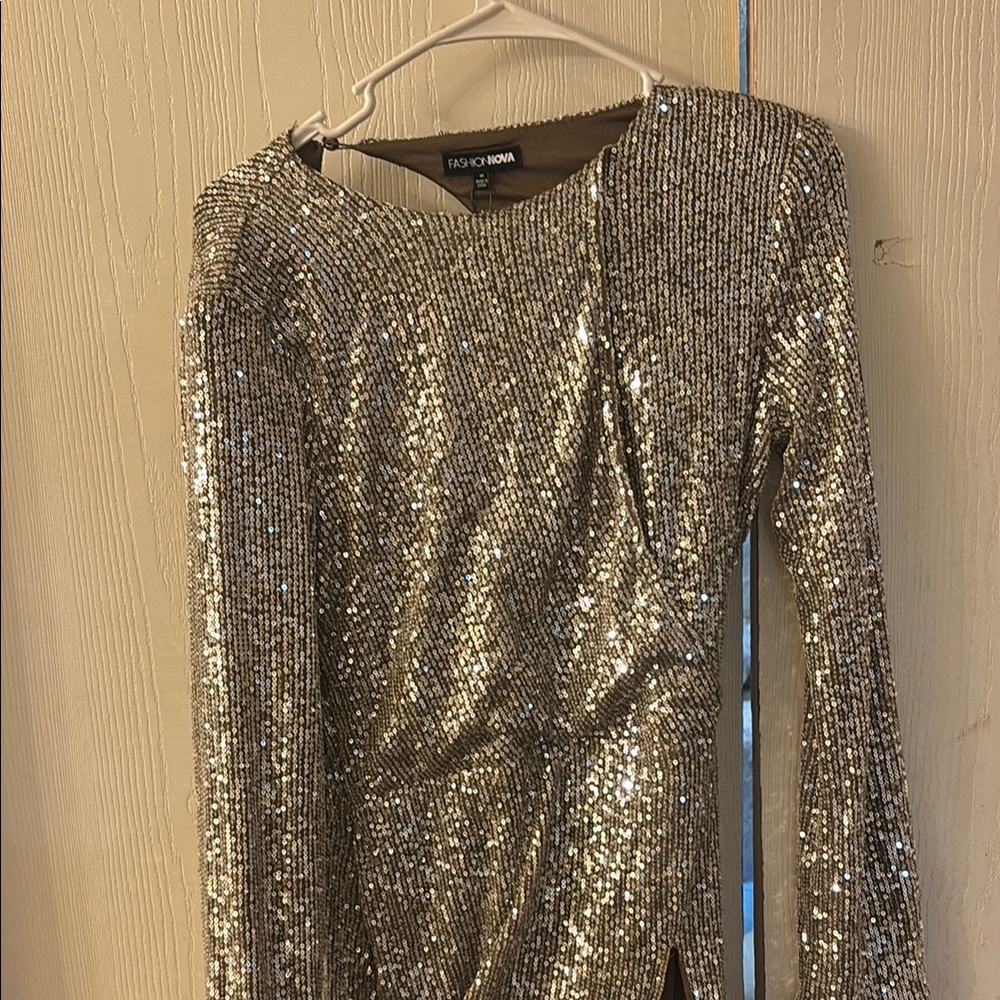 Fashion Nova Glittering Silver Long Sleeve Dress